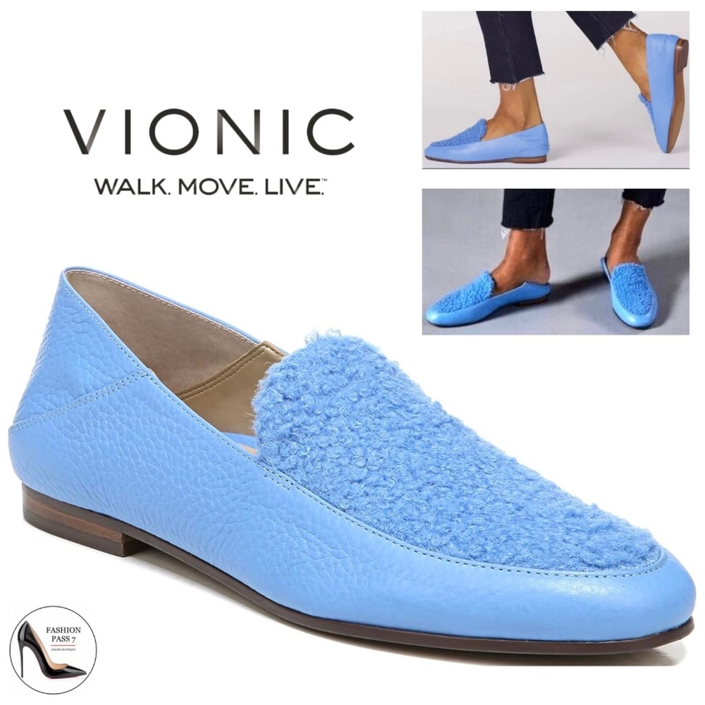 Vionic Woman's Frieda Blue Leather Slip On Loafers Comfortable Flat Shoes Mules